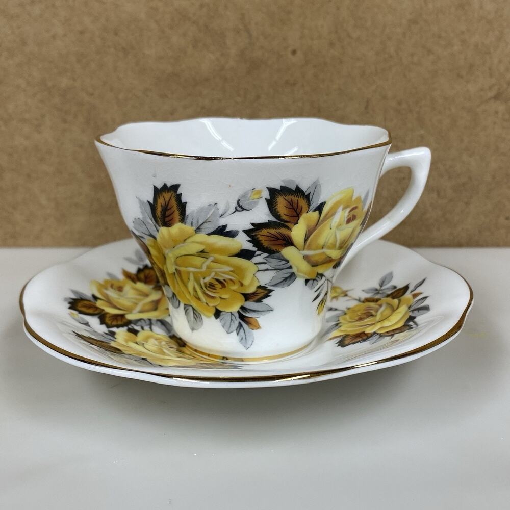 Vintage Rosina Bone China Tea Cup & Saucer Set 2 Pc Yellow Roses Gold Trim